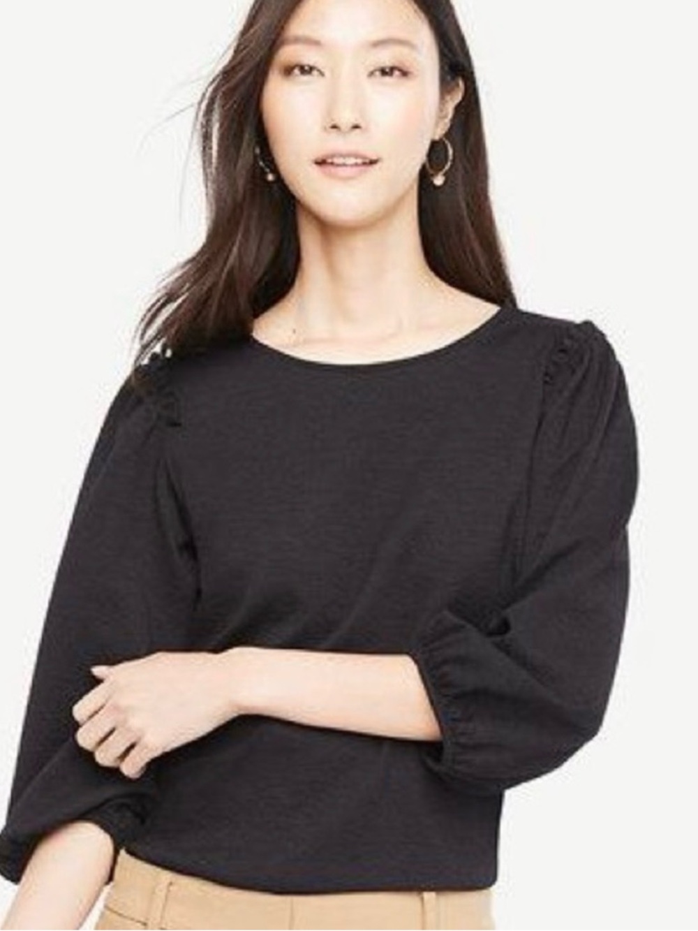 Ann Taylor Black Puff-Sleeve Crewneck Blouse